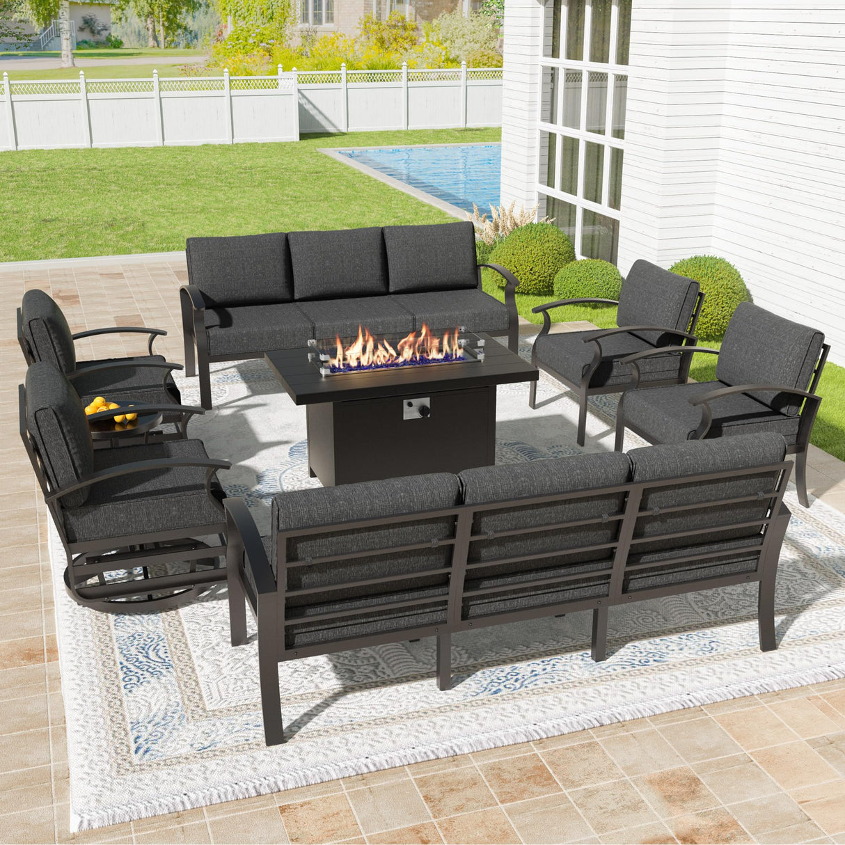 Kullavik Aluminum Patio Furniture Set,8 Pieces 10 Seat Metal Outdoor Furniture Conversation Set w/45 Propane Gas Fire Pit&Swivels,Black Kullavik