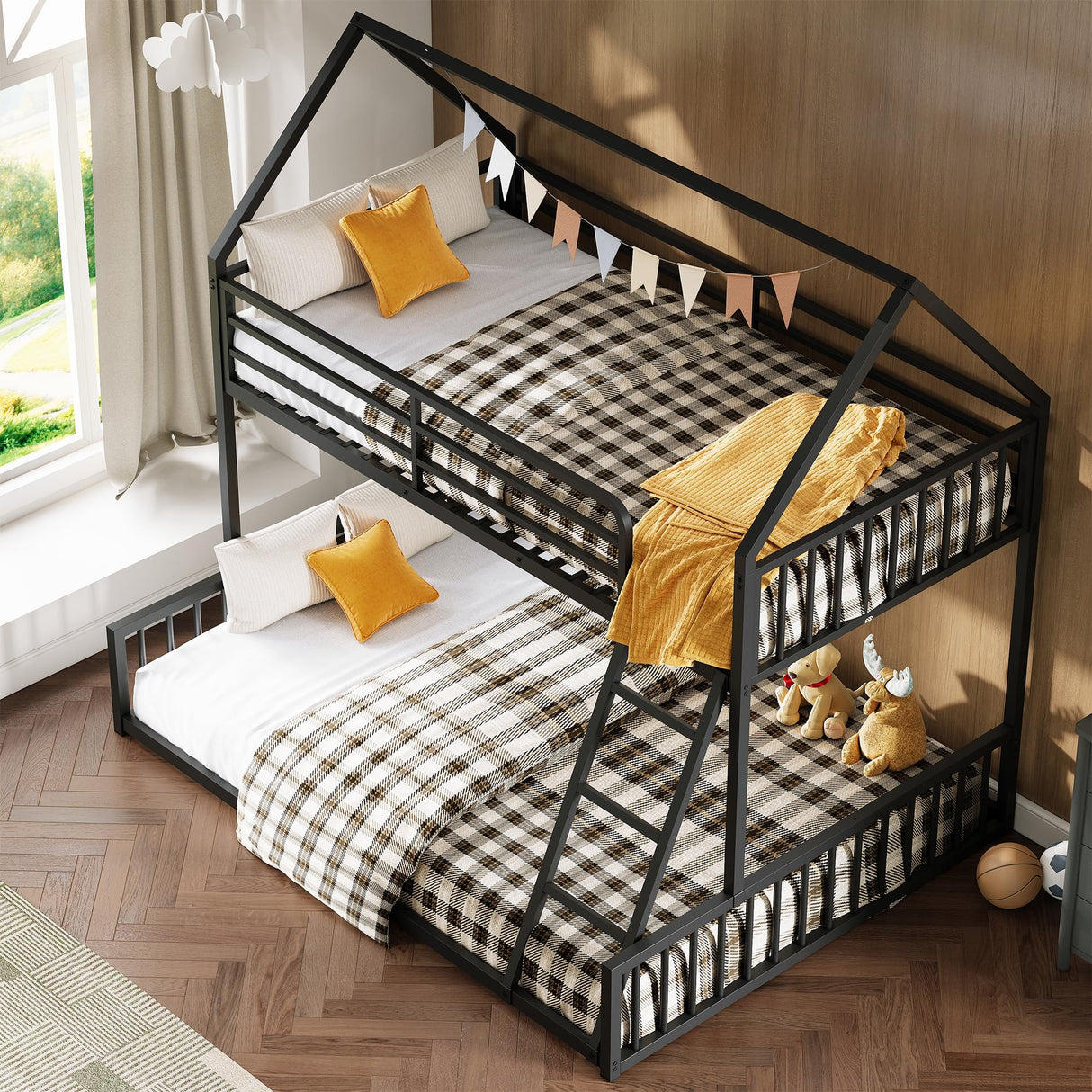 LIKIMIO Bunk Bed Twin Over Full Size, House Bunk Bed Frame with Ladder and Guardrail, House Shaped with Metal Slats Support No Box Spring Needed Space Saving for Bedroom and Dorm, Black LIKIMIO