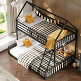 LIKIMIO Bunk Bed Twin Over Full Size, House Bunk Bed Frame with Ladder and Guardrail, House Shaped with Metal Slats Support No Box Spring Needed Space Saving for Bedroom and Dorm, Black LIKIMIO