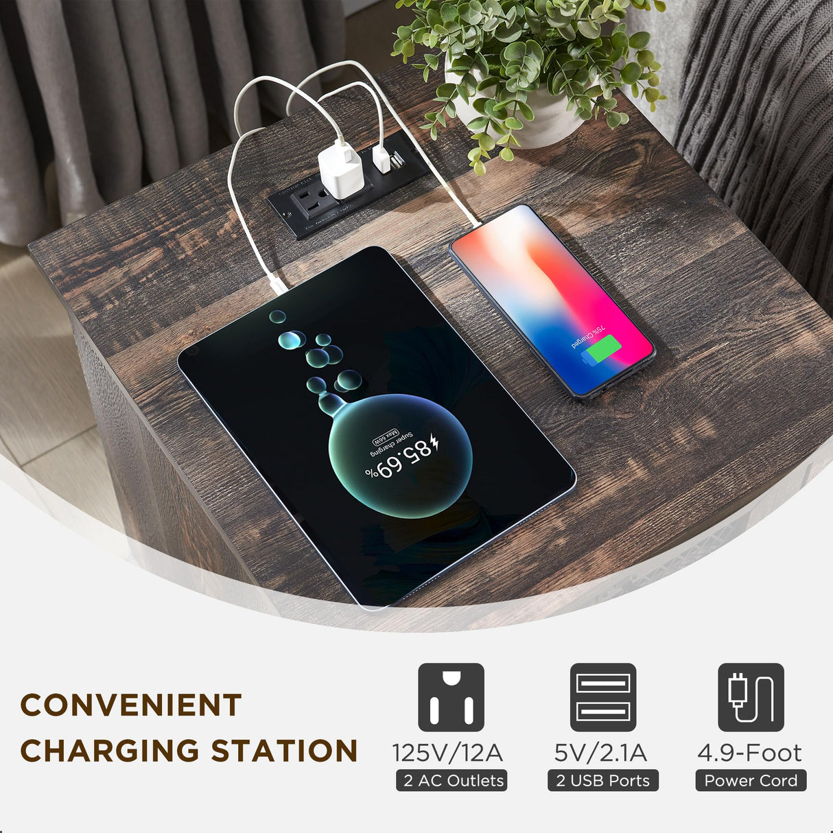 T4TREAM Farmhouse Nightstand with Charging Station, 18'' Wood End Table with 2 Drawers & Metal Mesh Decor, Rustic Side Table Storage Cabinet for Bedroom, Living Room, Dark Rustic Oak T4TREAM