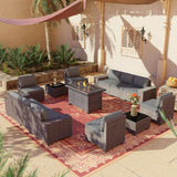 RTDTD Outdoor Patio Furniture Set with Propane Fire Pit Table, 13 Pieces Outdoor Furniture Patio Sectional Sofa Conversation Sets w/ETL Approved 43" Gas Outdoor Fire Table & Coffee Table (Grey) RTDTD