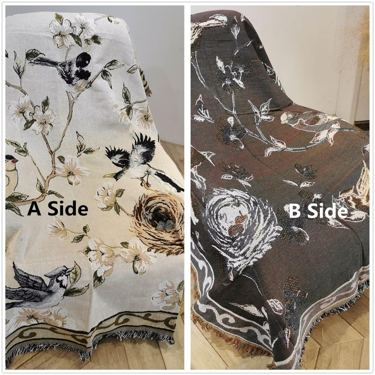 VClife Boho Beige Floral Birds Couch Cover Soft Thick Cotton Linen Farmhouse Sofa Cover for 3 Cushion Couch Sofa, Breathable Non-Slip Sectional Sofa Protector 1 PC Futon L Shpe Slipcover with Tassels VClife