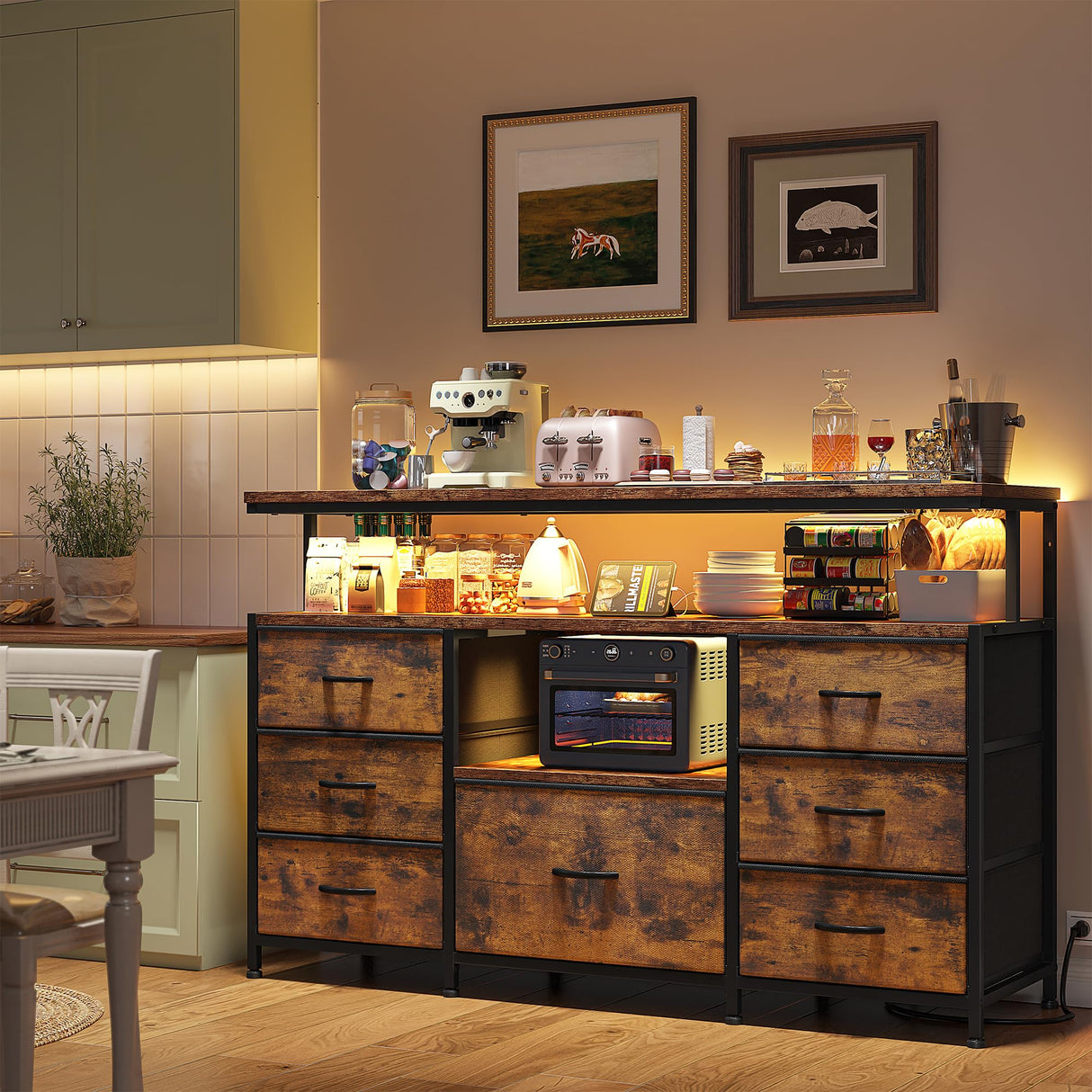 EnHomee Dresser TV Stand for Bedroom with LED Lights & power outlets for 55" TV Stand Dresser for Bedroom Entertainment Center with 7 Fabric Drawers and Wood Shelves for Living Room, Rustic Brown EnHomee