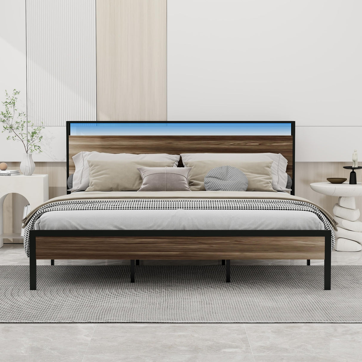 Tuconia Grey King Bed Frame with LED Lights, Storage Headboard & Built-In Charging Station Tuconia