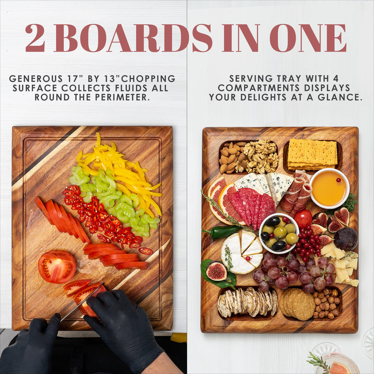 Contour Wood Cutting Board - Large Acacia Butcher Block Chopping Board for Kitchen w/Stand, Sustainable Wood, Juice Groove - Doubles as 4 Compartment Apace Living