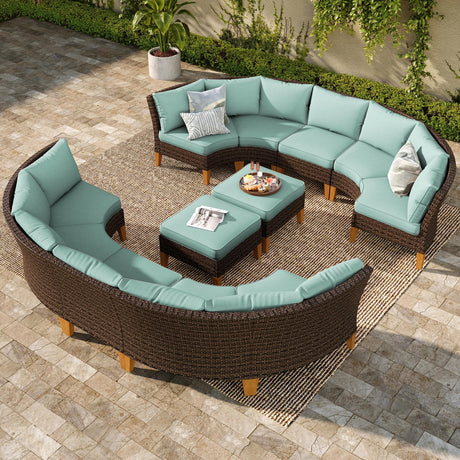 PHI VILLA 8-Piece Wicker Patio Furniture Set, Outdoor Half-Moon Curved Sectional Sofa with Cushions, 2 Ottomans, Large Conversation Seating for Garden or Backyard, Aqua Blue PHI VILLA