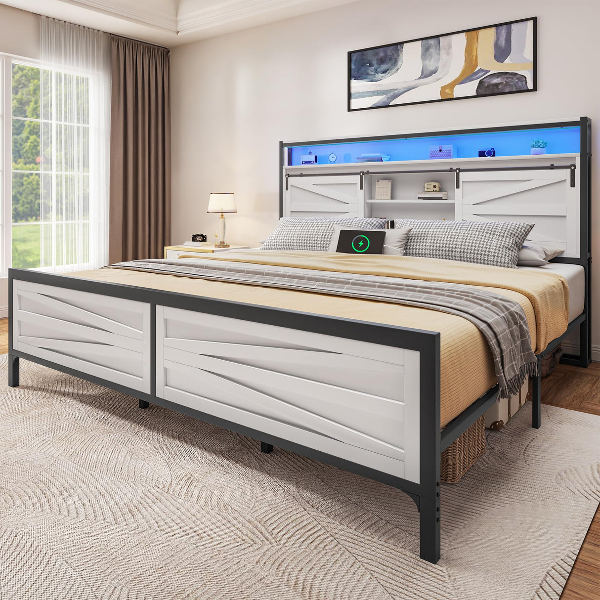 YITAHOME Farmhouse King Bed Frame with Storage Bookcase Headboard, Platform Bed Frame with LED Lights and Charging Station, Sliding Barn Door, Solid Metal Slats, No Box Spring Needed (White) YITAHOME