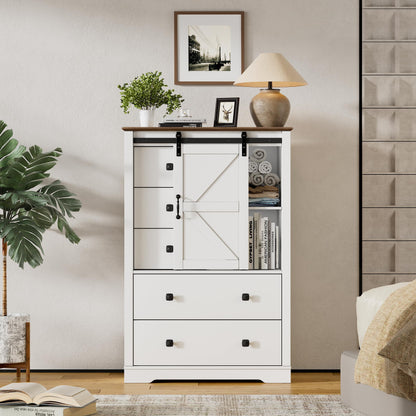 PAKASEPT 5 Drawers Dresser, Farmhouse Modern Tall Dresser 5 Chest of Drawers, Sliding Barn Doors Dresser Chests for Bedroom, Hallway, Living Room, Kids Room - WoodArtSupply