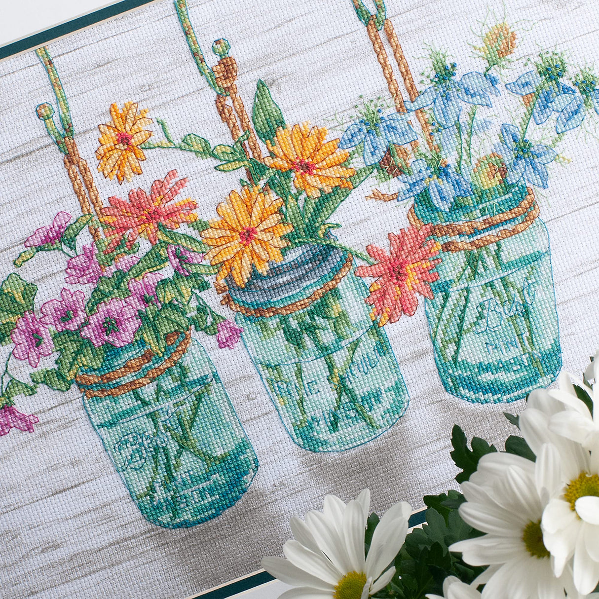 Dimensions 70-35378 Mason Jar Flowers Counted Cross Stitch Kit, 14 Cnt. White Aida Cloth, 14 x 10 Dimensions