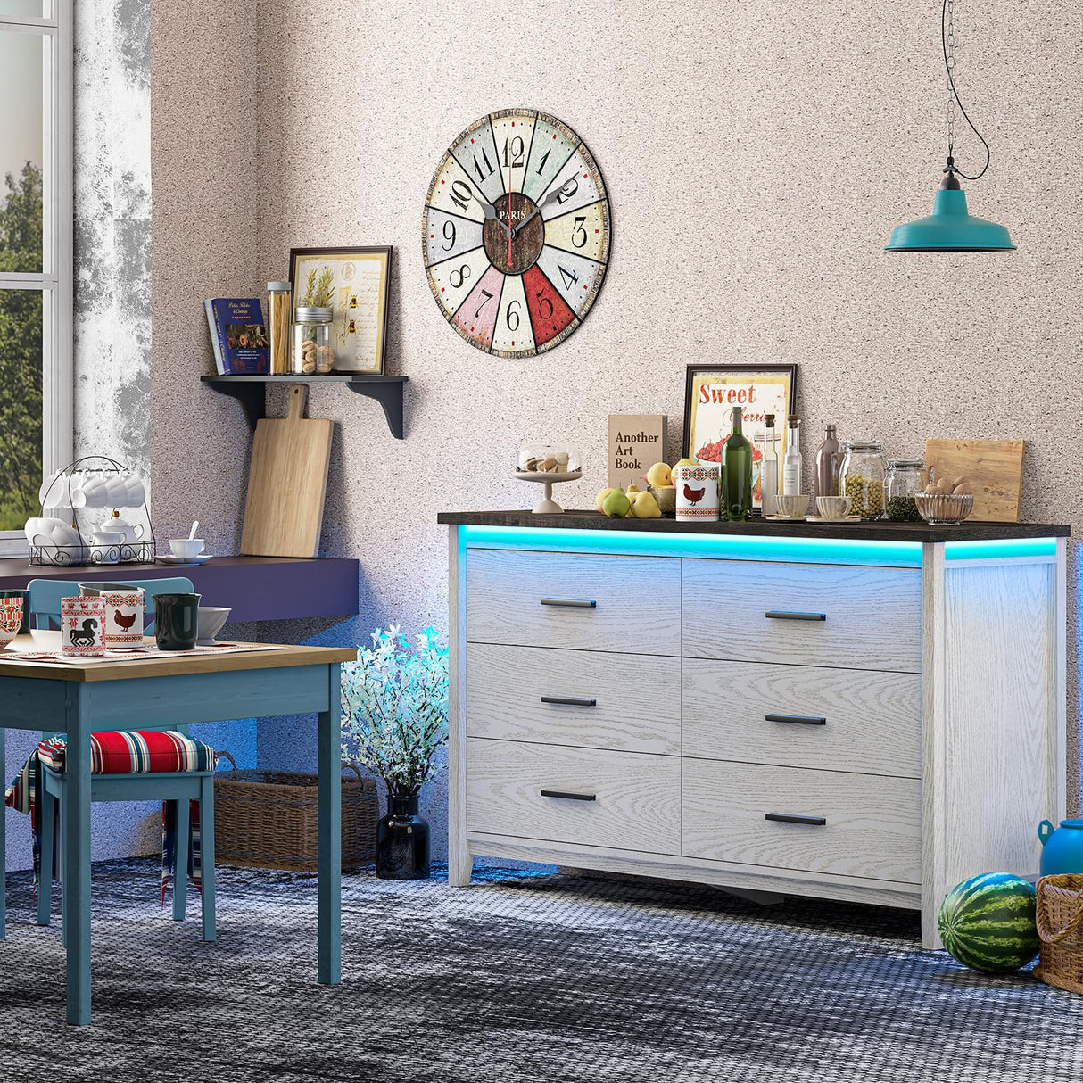 IKENO 6 Drawers Wood Dresser with LED, Storage Dresser for Bedroom, Wide Chest of Drawer with Metal Handles (White with LED) IKENO