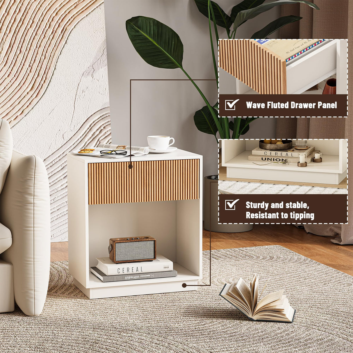 Fluted Nightstands Set of 2, Modern Bedside Table with Drawer and Storage Shelf, Wood End Table Mid Century Night Stands for Bedroom Living Room Sofa Couch Office (White+Oak) INNOD