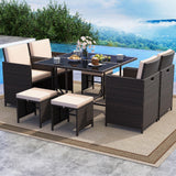 Tangkula 9 Piece Patio Dining Set, Rattan Chairs with Tempered Glass Table & Ottoman, Space Saving Wicker Sectional Conversation Set with Removable Cushions, Outdoor Furniture for Backyard Garden Deck Tangkula