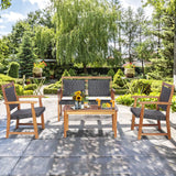 Tangkula 4 Pieces Patio Rattan Conversation Set with Acacia Wood Frame, Patiojoy Outdoor Furniture Set with Chairs & Coffee Table, Sectional Furniture Set for Garden, Backyard, Poolside Tangkula