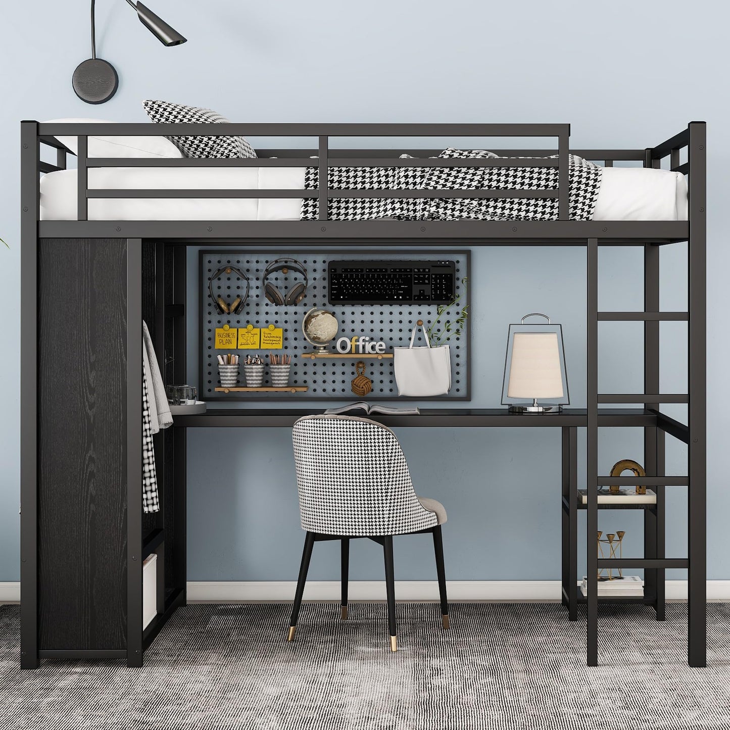 Twin XL Loft Bed with Desk and Storage Shelves, Twin XL Loft Bed with Wardrobe, Hanging Rod and Guardrail and Ladder, Balck