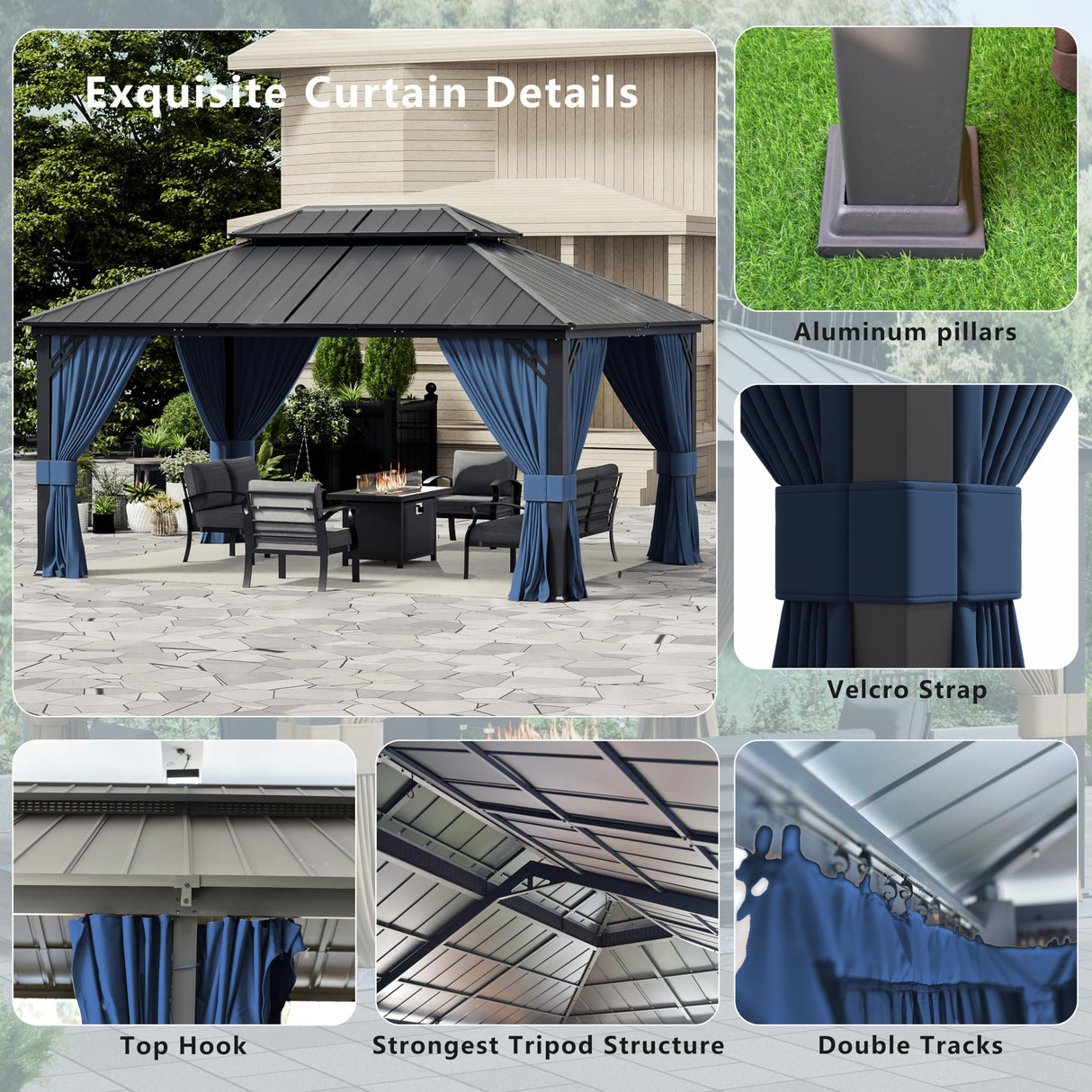 ASJMR 12x16ft Gazebo Metal Roof Hardtop Gazebo, Aluminum Outdoor Pergola with Curtains and Netting, 2-Layer Hard top Galvanized Iron Pergola Suitable for Courtyards, Backyards,Decks,and Grass,Pool ASJMR