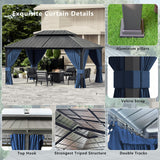 ASJMR 12x16ft Gazebo Metal Roof Hardtop Gazebo, Aluminum Outdoor Pergola with Curtains and Netting, 2-Layer Hard top Galvanized Iron Pergola Suitable for Courtyards, Backyards,Decks,and Grass,Pool ASJMR