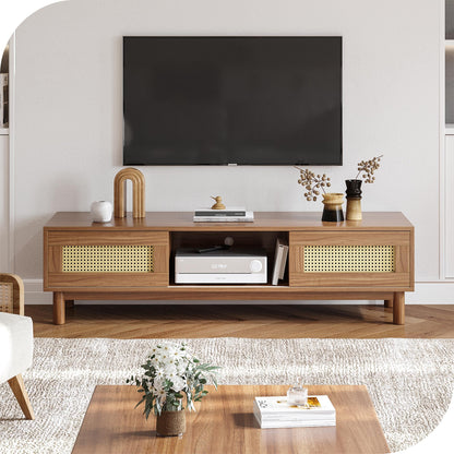 DWVO 58 Inch Rattan TV Stand, Boho Wood Entertainment Center TV Console for 65 Inch TV Mid Century Modern TV Stand with Storage, Farmhouse TV Media Console for Living Room Bedroom, Natural Oak