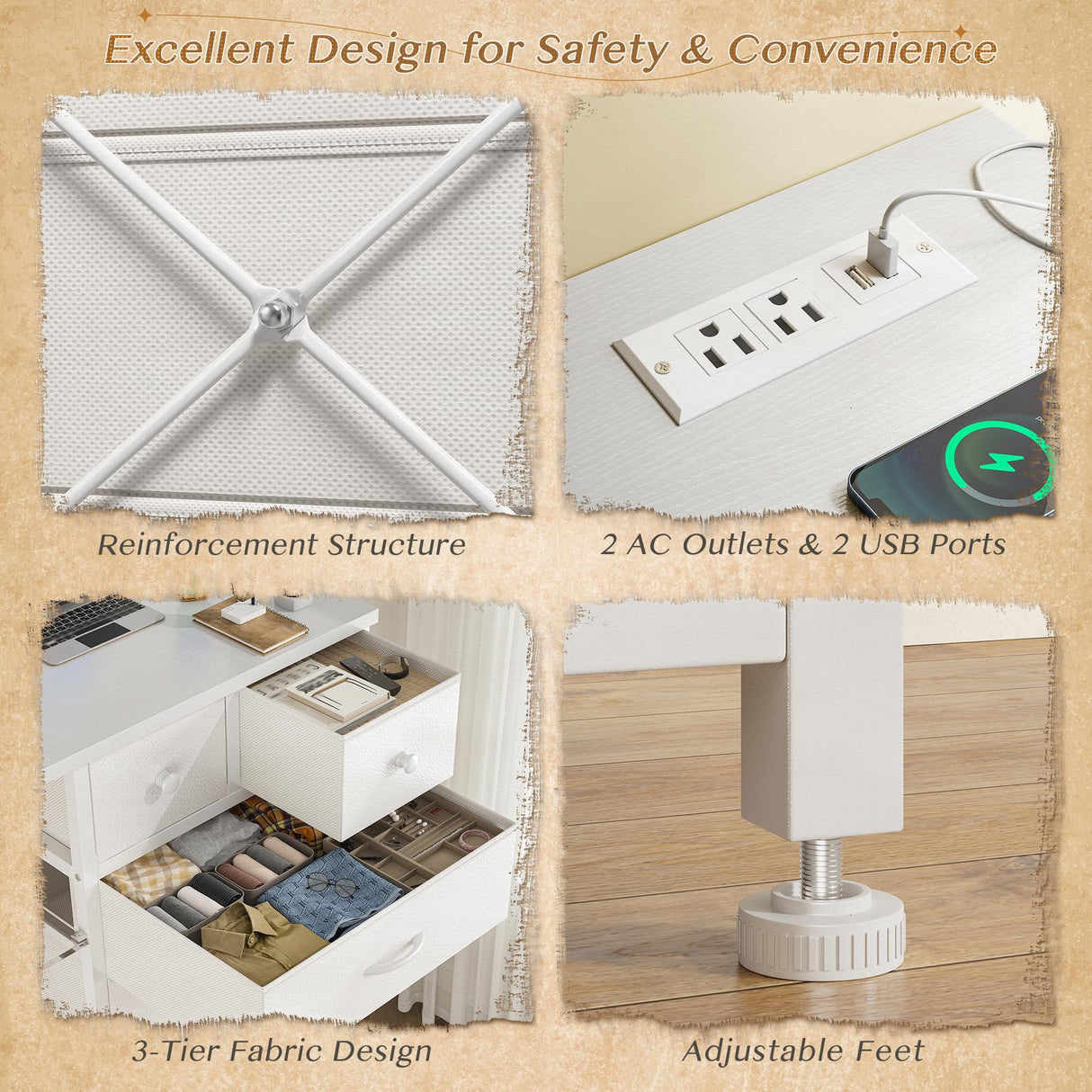 EnHomee Dresser for Bedroom with LED Lights & Power Outlets Dresser with 8 Drawers Fabric Dressers & Chests of Drawers for Bedroom, Sturdy Metal Frame, Acrylic Plates (White) EnHomee