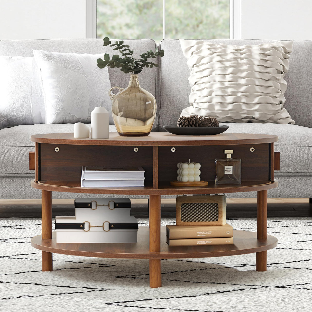 XUZENEST 31.5” Round Coffee Table with Storage, Mid Century Modern 2 Tier Coffee Table with Tambour Sliding Door, Solid Wood Legs Fluted Center Table for Living Room Home Office Small Space, Walnut XUZENEST