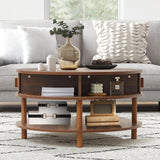 XUZENEST 31.5” Round Coffee Table with Storage, Mid Century Modern 2 Tier Coffee Table with Tambour Sliding Door, Solid Wood Legs Fluted Center Table for Living Room Home Office Small Space, Walnut XUZENEST