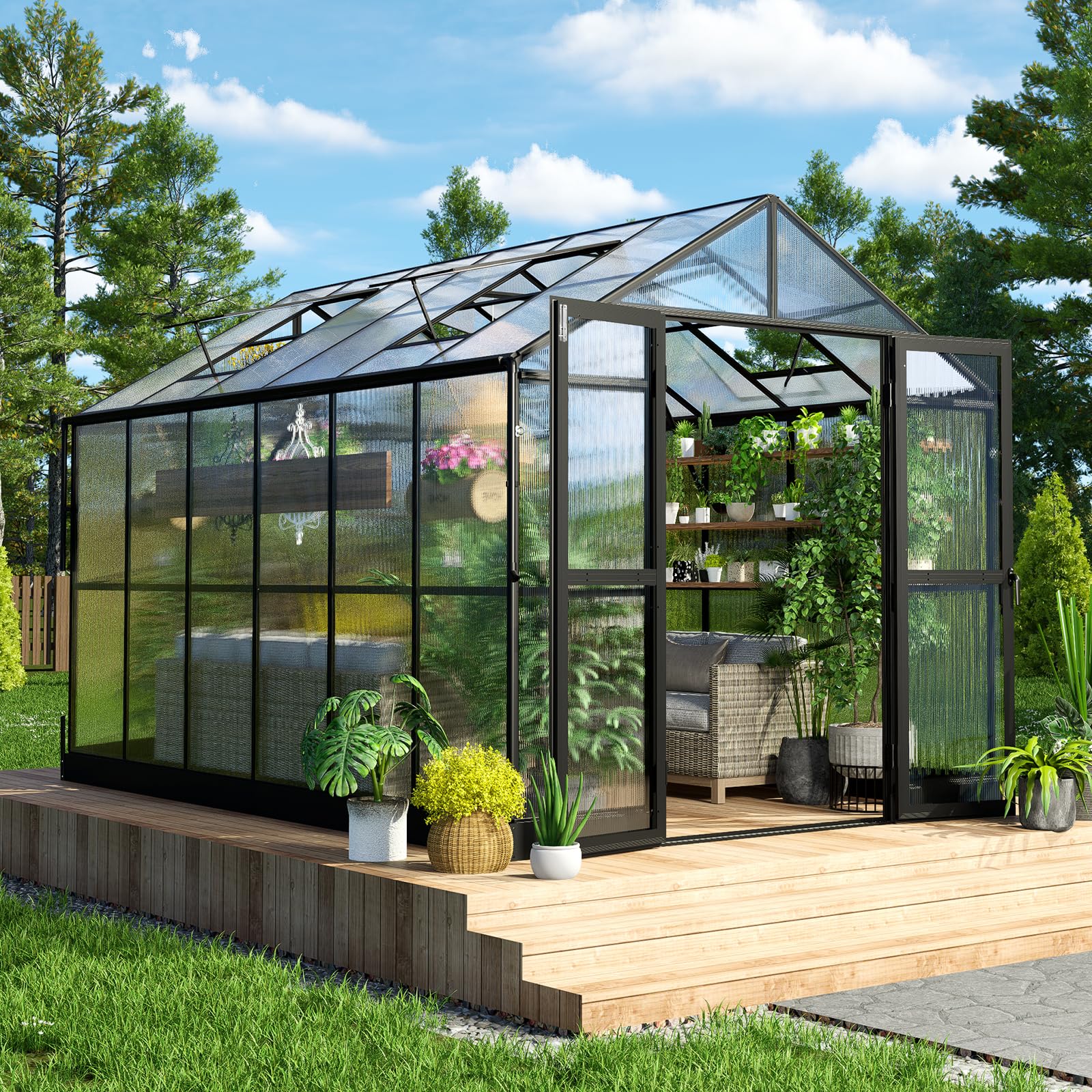 HOWE 8x12x7.5 FT Polycarbonate Greenhouse Double Swing Doors 4 Vents 5.2FT Added Wall Height, Walk-in Large Aluminum Greenhouse Winter Sunroom Greenhouse for Outdoors, Black - WoodArtSupply