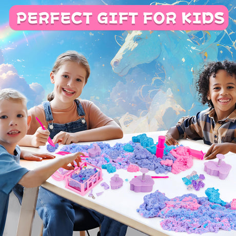 Carolart Unicorn Stretchy Cloud Sand,Blue & Pink Play Sand,Treasure Chest with Sensory Sand,Stretchable,Moldable,Expandable Cloud Slime,Tactile Fun Sensory Kit, Sensory Toys for Kids Ages 3+ Carolart