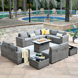 HOOOWOOO Outdoor Patio Sectional Furniture Sofa Set with Propane Fire Pit Table,13 Piece Large Modern Wicker Couch with Widened Armrest,Modular L Shaped Conversation Seating Set(Dark Grey) HOOOWOOO