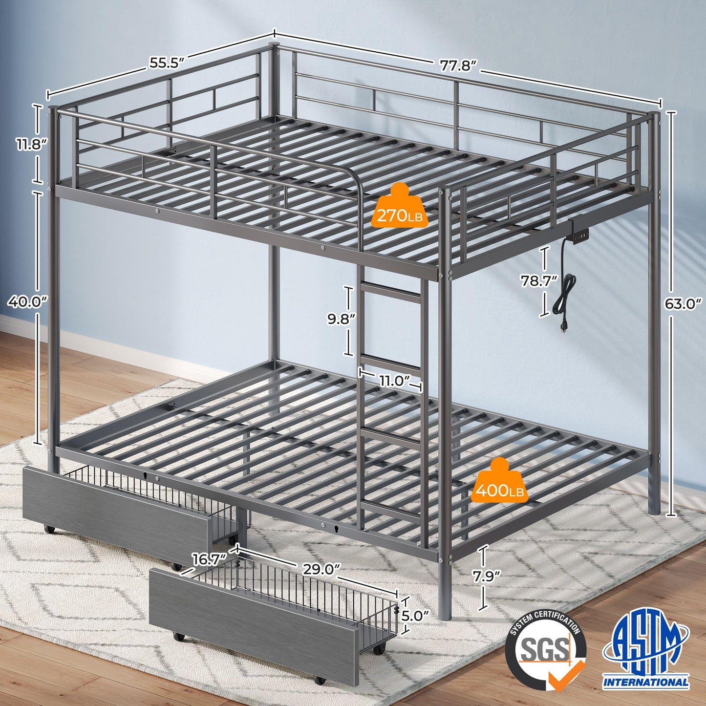 Rolanstar Metal Bunk Bed Full Over Full with USB Charging Station, LED Bunk Bed with 2 Storage Drawers, Bed with Safety Guardrail & Ladders, No Box Spring Needed, Easy Assembly, Grey