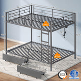 Rolanstar Metal Bunk Bed Full Over Full with USB Charging Station, LED Bunk Bed with 2 Storage Drawers, Bed with Safety Guardrail & Ladders, No Box Spring Needed, Easy Assembly, Grey Rolanstar