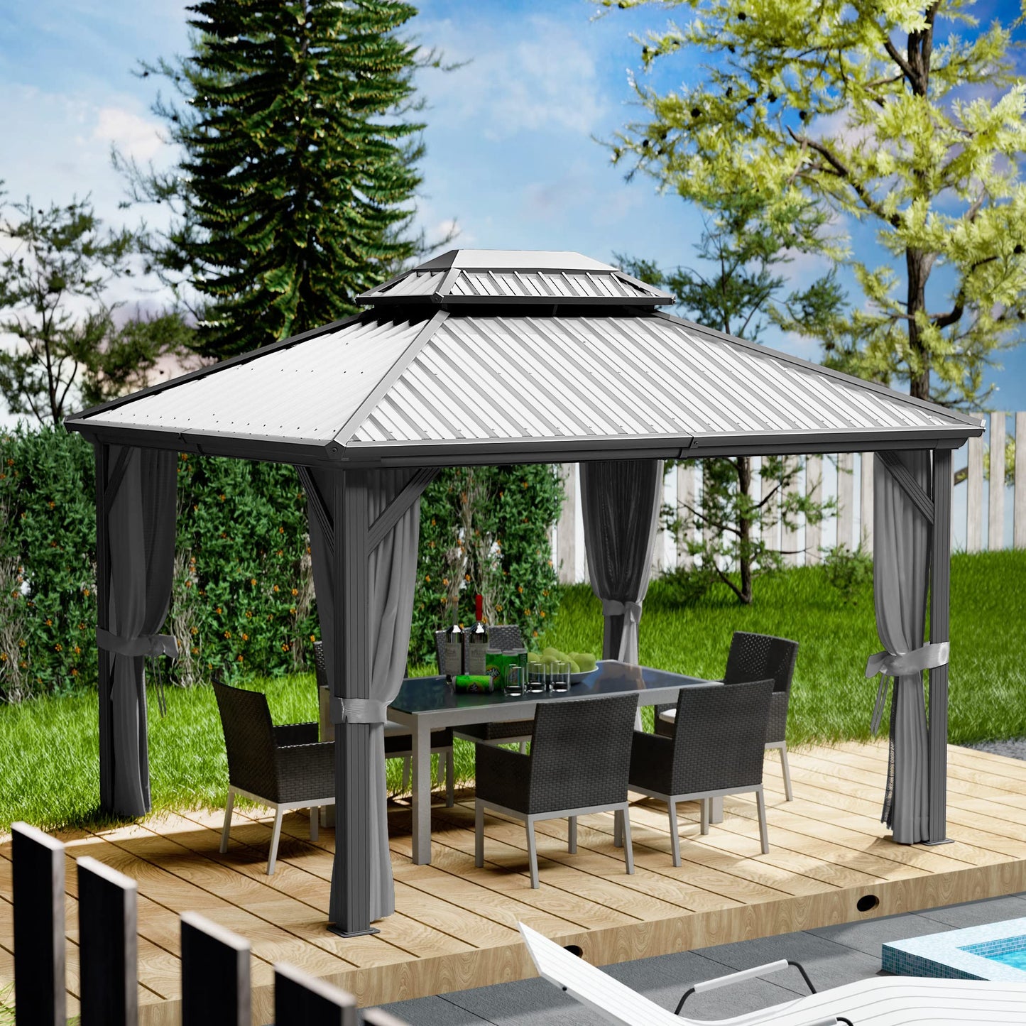 Kozyard 10'x12' Hardtop Gazebo - Permanent Metal Pavilion with Netting Shaded Curtains for Patio, Backyard, and Deck - Galvanized Steel Outdoor Aluminum Canopy, Double Roof Gazebo (Grey) - WoodArtSupply