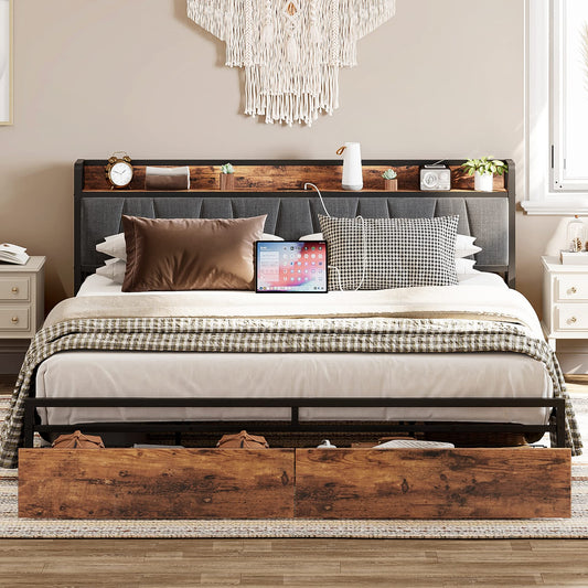 LIKIMIO Vintage Brown and Gray King Size Bed Frame with Storage Headboard and Charging Station - WoodArtSupply