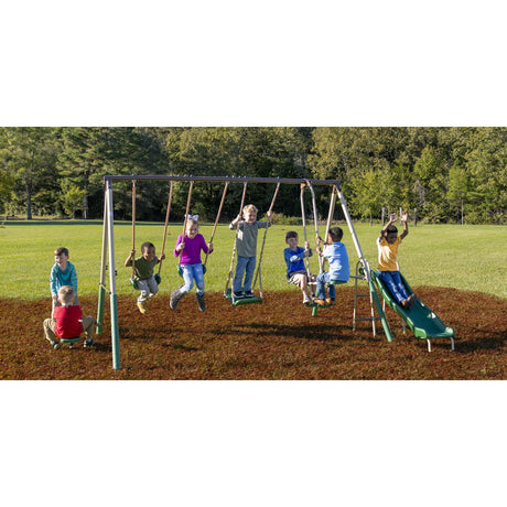XDP Recreation Crestview Outdoor Play Kids Metal Backyard Playset Swing Set with 2 Swings, Slide, Stand N Swing, Fun Glider, and See Saw, Green/Tan XDP RECREATION