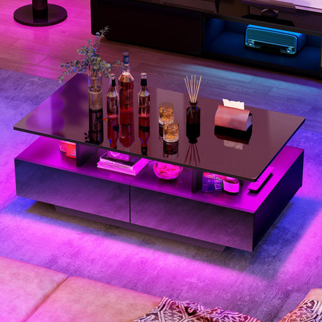 YITAHOME LED Coffee Table with Storage, High Glossy LED Coffee Tables for Living Room, Modern Black Rectangle Coffe Table, Small Center Table with Open Display Shelf & 4 Sliding Drawers, Glossy Black YITAHOME