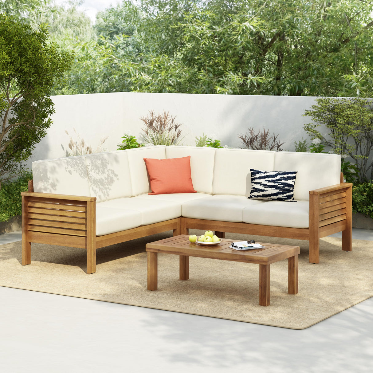 Christopher Knight Home Havets 81.25" Sectional L Shaped Sofa, 4 Pieces Acacia Wood Patio Furniture Set, Slat Coffee Table, Spacious Seat and Table Set for Backyard Garden Balcony, Teak+Beige Christopher Knight Home