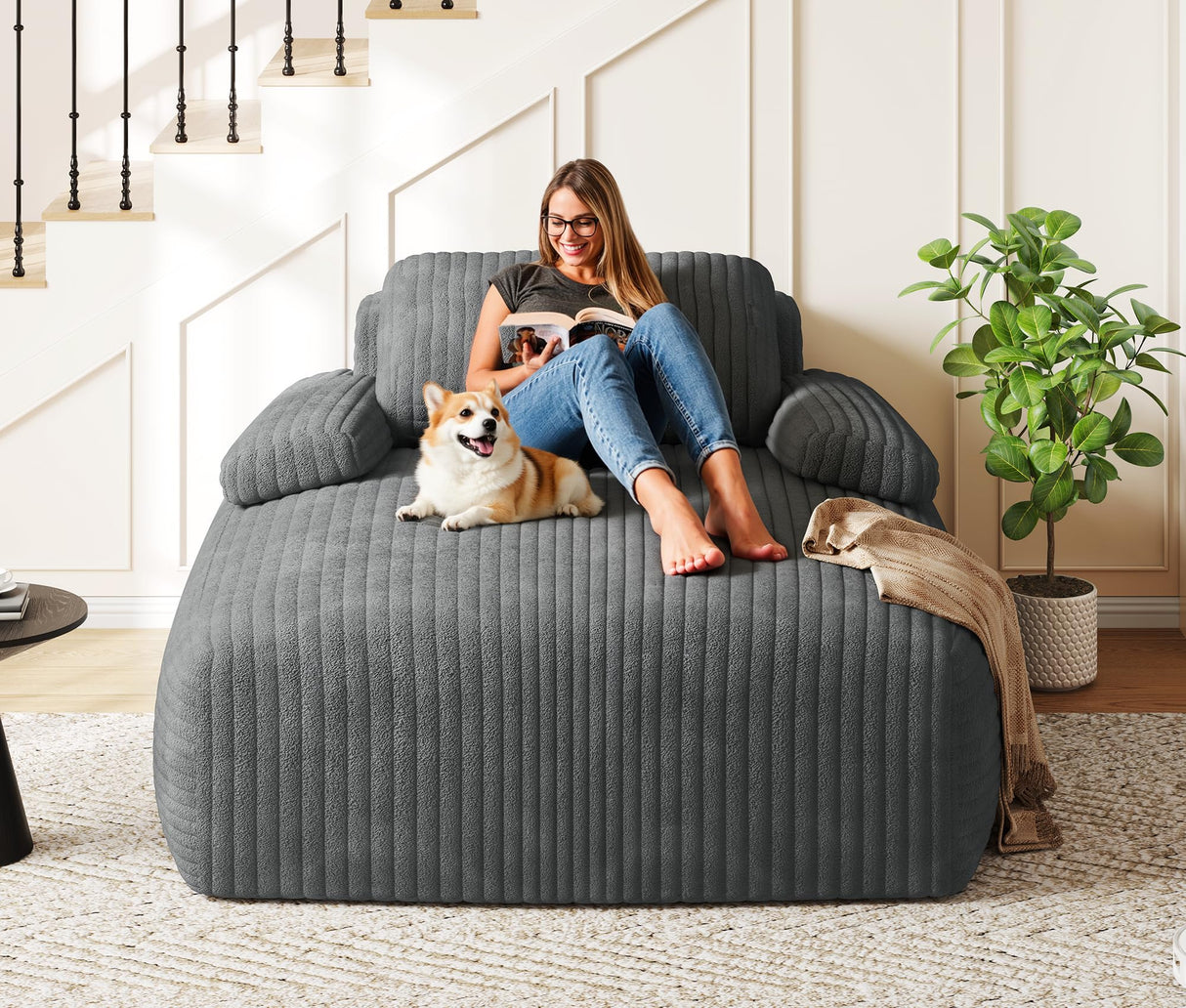 YITAHOME 48-Inch Chaise Lounge Chair Indoor, Oversized Corduroy Upholstered Boneless Sofa Bed, Deep-Seat Sleeper Couch, Reading Chair, Cloud Sofa Couch for Living Room, No Assembly Required, Grey YITAHOME