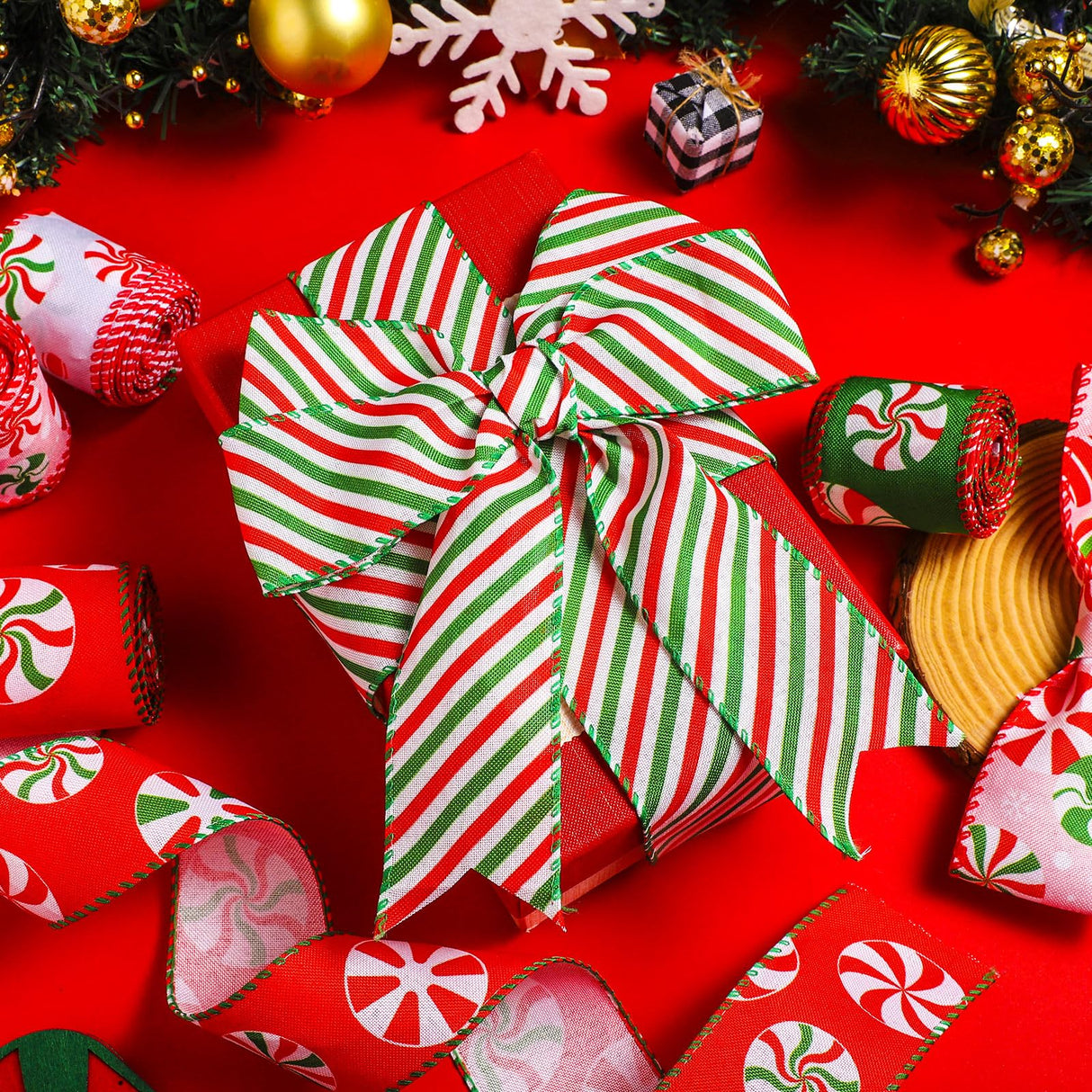 Yingzhao 6 Rolls 30 Yards Christmas Candy Peppermint Wired Edge Ribbon Christmas Candy Ribbon Burlap Ribbon Red Green Candy Cane Fabric Craft Ribbon For Christmas Tree Decoration Gift Wrapping Wreaths Yingzhao