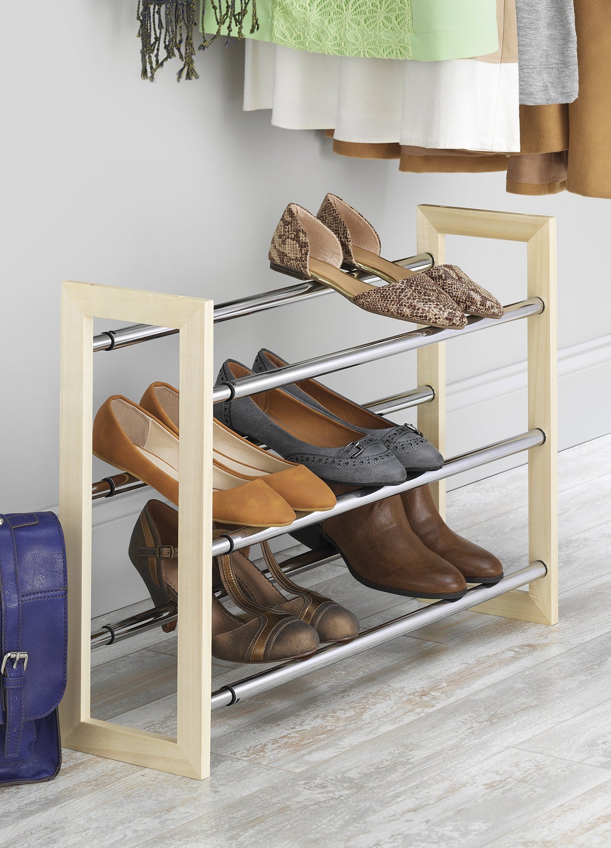 Whitmor 3 Tier Expandable Shoe Rack -Stackable - Natural Wood and Chrome Whitmor
