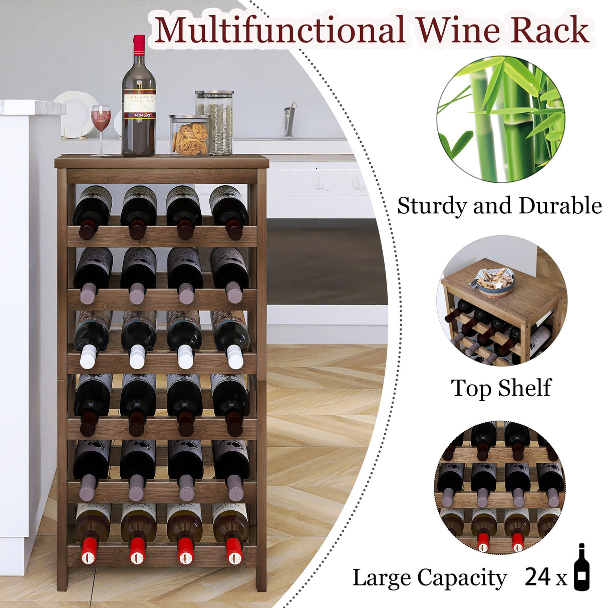 STELLSTAR 24-Bottle Wine Rack, 6 Tier Bamboo Wine Display Storage Shelves with Tabletop, Floor Freestanding Wine Bottle Holder with Wobble-Free Shelves, Walnut STELLSTAR