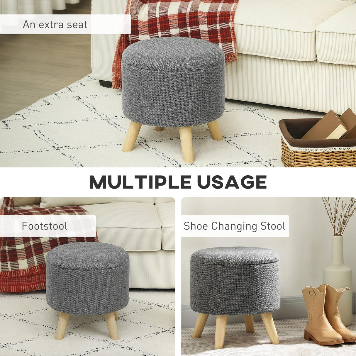 HOMCOM Round Storage Ottoman, Linen Fabric Foot Stool with Removable Top, Padded Seat, Small Foot Rest with Hidden Space and Wooden Legs for Living Room, Gray HOMCOM