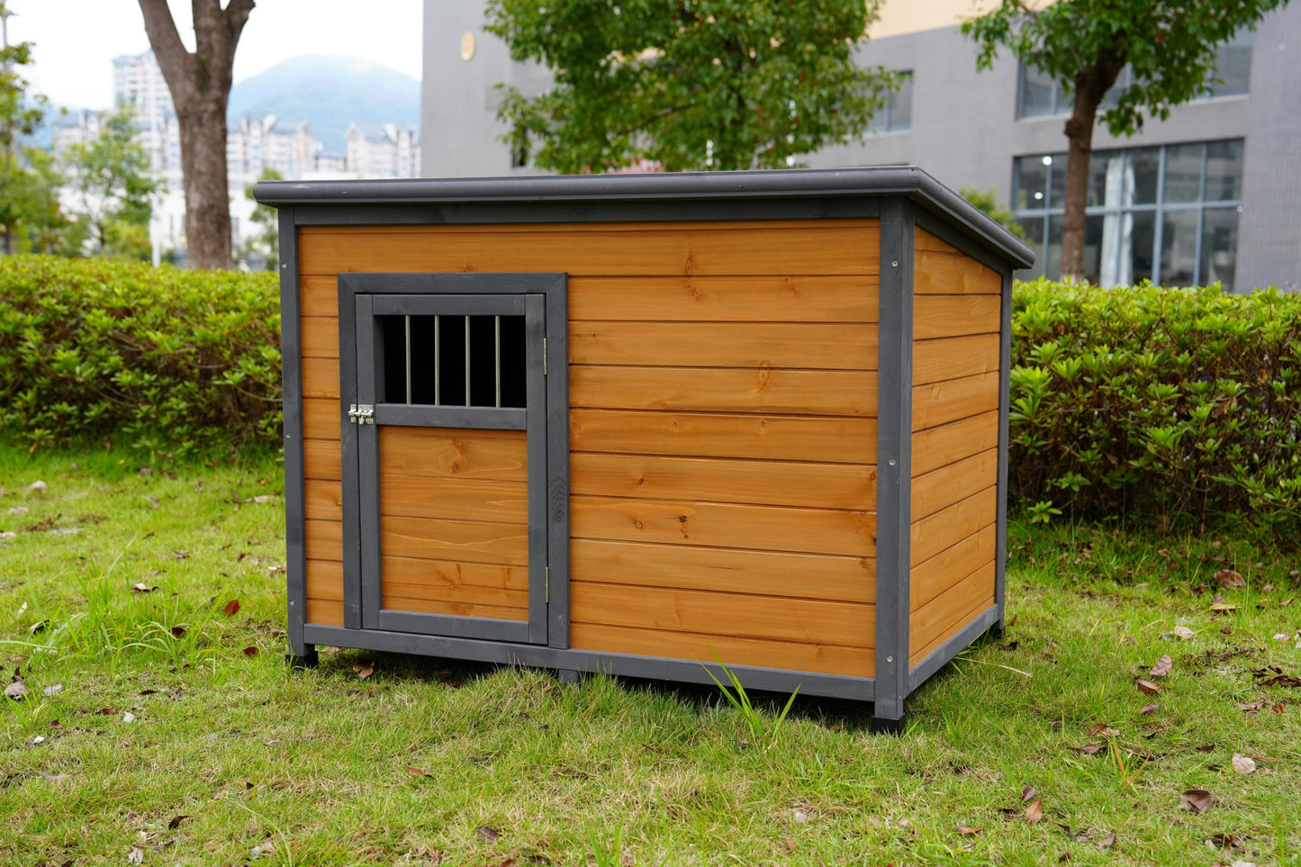 45'' Large Wood Dog House Outdoor Indoor Doghouse Puppy Shelter with Waterproof PVC Plastic Roof, Easy Assembly Sturdy Dog Kennel with Lockable Door, Air Vents and Elevated Floor, Gray Yellow