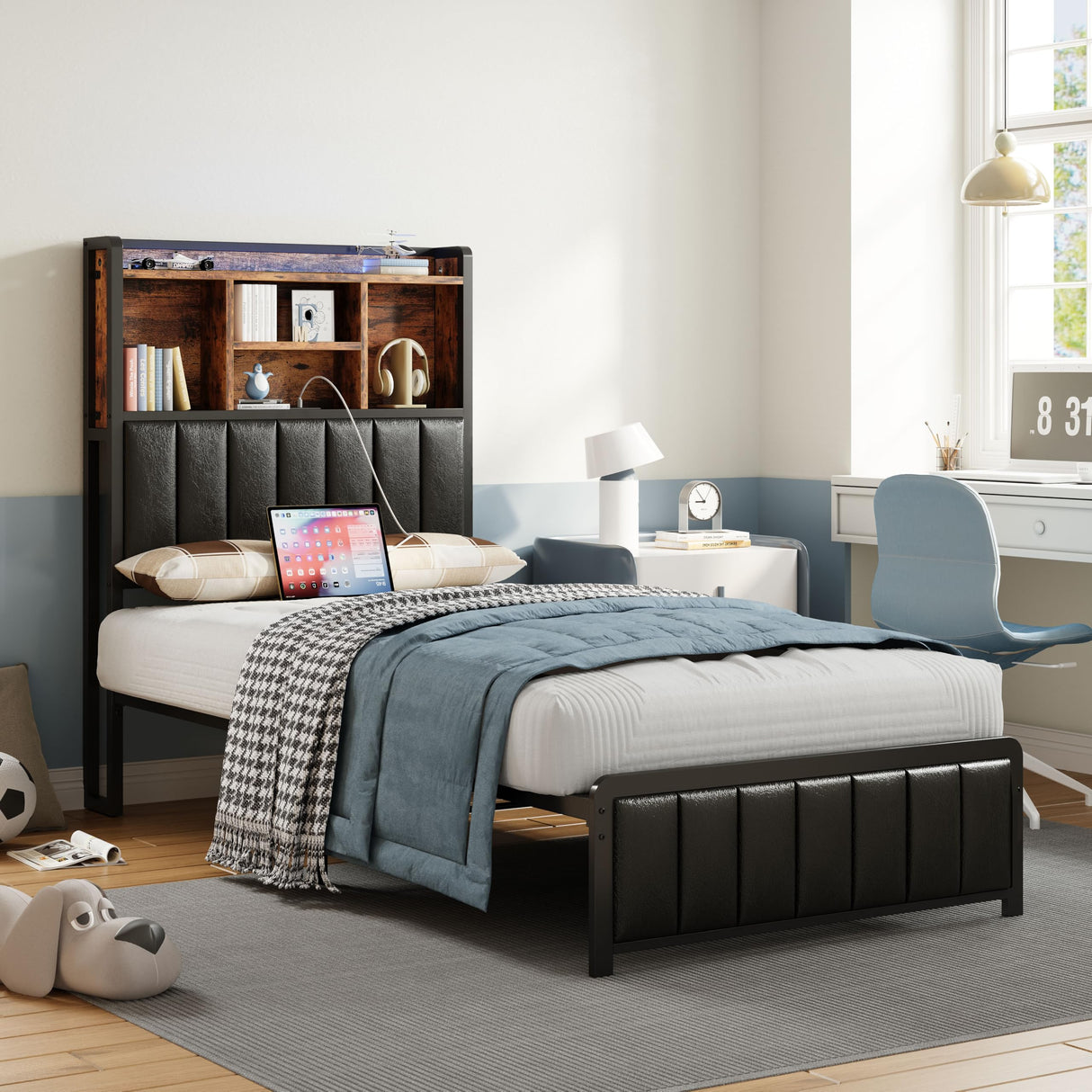 ANCTOR Twin Size Bed Frame with Upholstered Headboard and LED Light, Strong Platform Bed with Charging Station,No Box Spring Needed ANCTOR