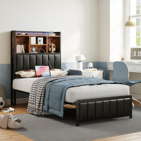 ANCTOR Twin Size Bed Frame with Upholstered Headboard and LED Light, Strong Platform Bed with Charging Station,No Box Spring Needed ANCTOR