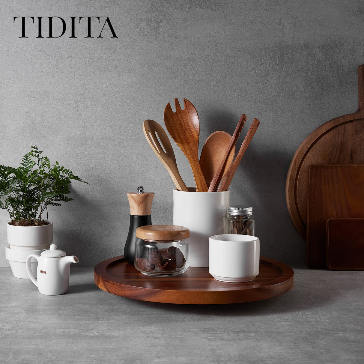 TIDTIA 13" Acacia Wood Lazy Susan Organizer for Cabinet - Round Lazy Susans Turntable for Countertop - Wooden Kitchen Rotating Storage Food Bin Container for Centerpiece Table, Spices, Pantry Tidita