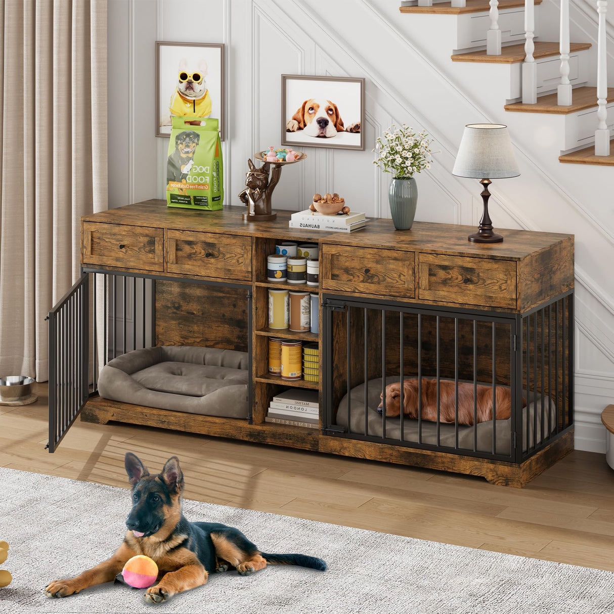 IDEALHOUSE 82” Large Dog Crate for 2 Dogs, Dog Kennel Indoor with 4 Drawers and Shelves, Double Dog Crate Furniture TV Stand, Wooden Dog Cage for Medium Large Dogs, Brown IDEALHOUSE