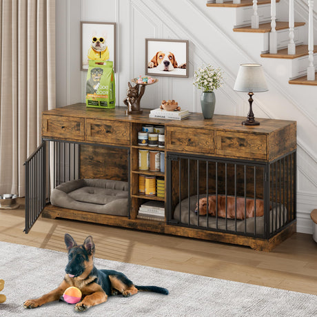IDEALHOUSE 82” Large Dog Crate for 2 Dogs, Dog Kennel Indoor with 4 Drawers and Shelves, Double Dog Crate Furniture TV Stand, Wooden Dog Cage for Medium Large Dogs, Brown IDEALHOUSE