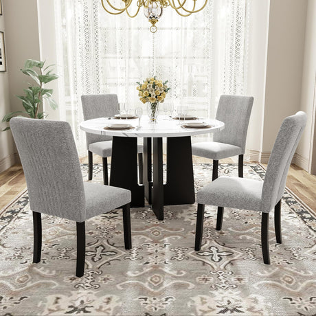 Merax 5-Piece Round Dining Table Set, Modern 4 Upholstered Chairs for Living,Kitchen Room, 43 Inch, White+Gray Merax