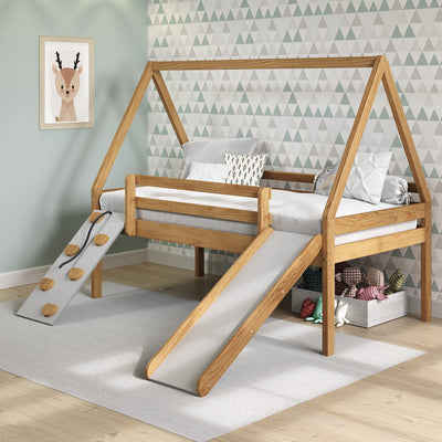 P'Kolino Casita Play Bed - Twin - Low Loft Bed with Slide, Climbing Ramp - Solid FSC Certifed Wood - Natural Wood