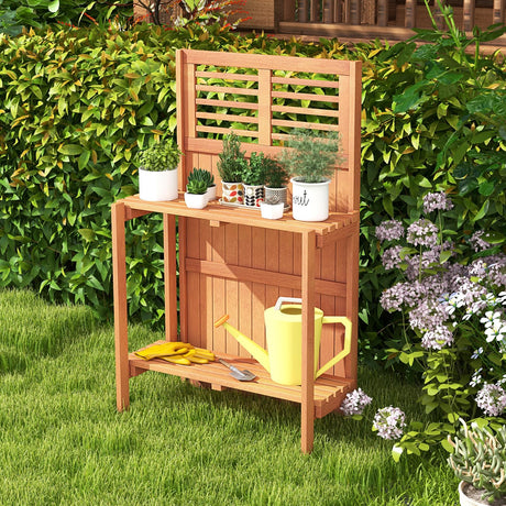 Toolsempire Garden Potting Bench Table, Folding Potting Bench Outdoor Workstation with Trellis & 2-Tier Shelves, Wood Potting Table for Outdoor, Deck, Balcony, Garden, Backyard Toolsempire
