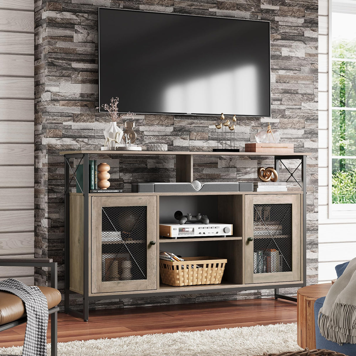 WLIVE TV Stand 55 inch TV, Tall Entertainment Center with Storage, Farmhouse Industrial TV Console for Bedroom Living Room, Greige WLIVE