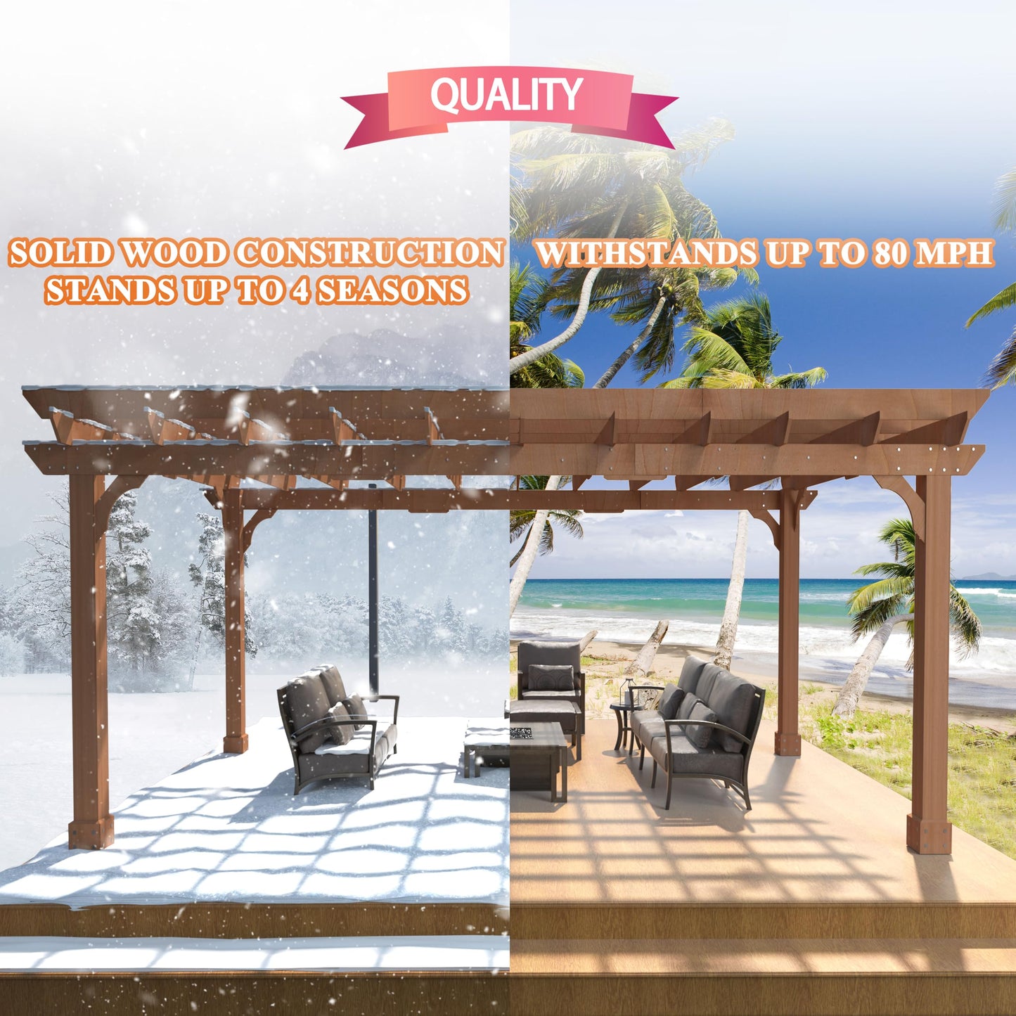 VEIKOU 12’x16’ Wood Pergola, Patio Pergola with Solid Cedar Structure, Outdoor Pergola Backyard Gazebo with Unparalleled Slatted Roof Trellis for Deck Grill Party Garden